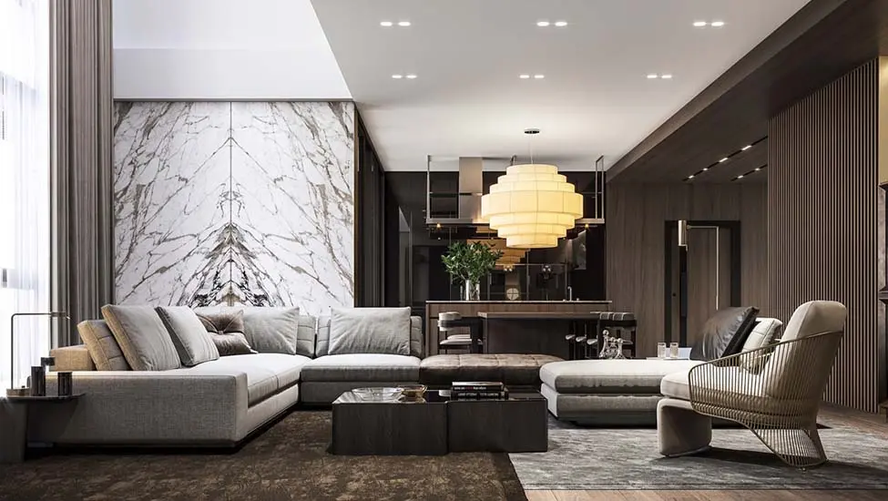 Contemporary Bangalore living room with natural lighting and hall partition by Olangana Designs expert