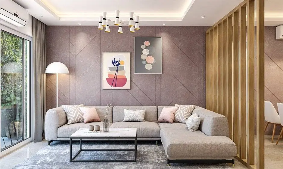 Contemporary living room interior with natural lighting and hall partition by Olangana Designs expert, Bangalore