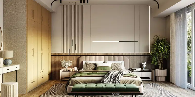 Modern bedroom interior with upholstered bed, vertical panel back wall design, wooden wardrobe, indoor plant, curtains, and dressing table styled by Olangana Design’s for homes in Bangalore.