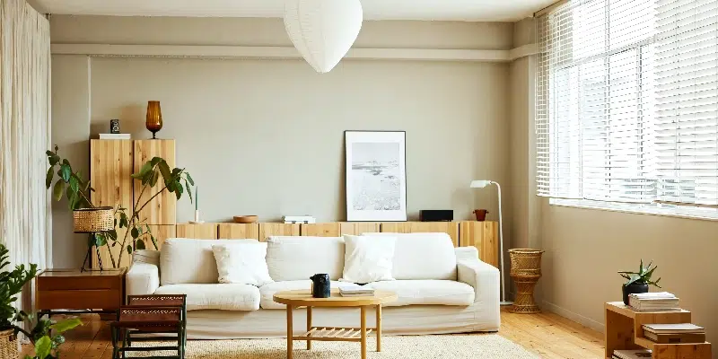 Bright living room with large windows and indoor plant