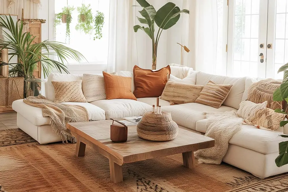 Modern living room interior with sectional sofa, wooden coffee table, indoor plants, and natural light designed by Olangana Design’s.