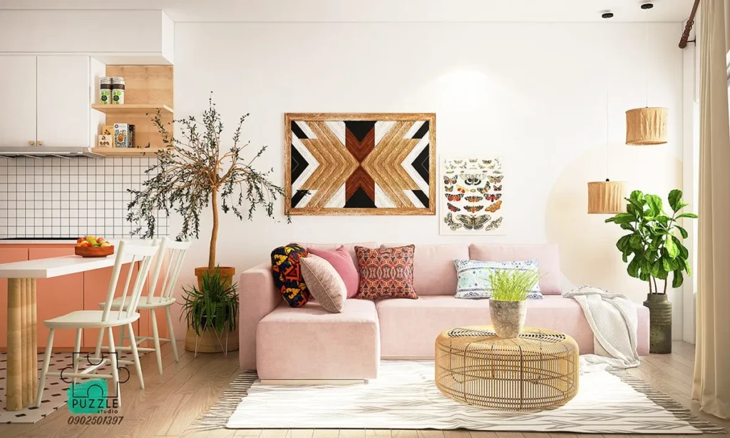 Modern living room interior with wooden wall décor, stylish sofa with pillows, plants, window curtains, and a unique wooden tea table, part of interior concepts by Olangana Design’s in Bangalore.