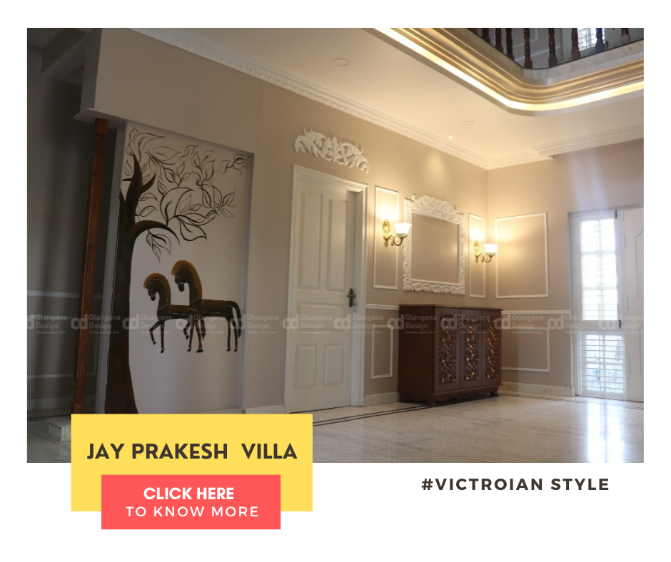 Elegant hallway interior design by Olangana Design in Bangalore, featuring a traditional horse mural, decorative wall molding, and a carved wooden console.