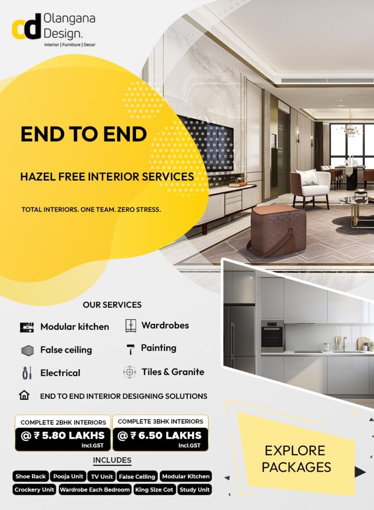 Modern interior design by Olangana Design in Bangalore, featuring a luxurious living room with TV unit and a sleek modular kitchen, showcasing complete home interior solutions.