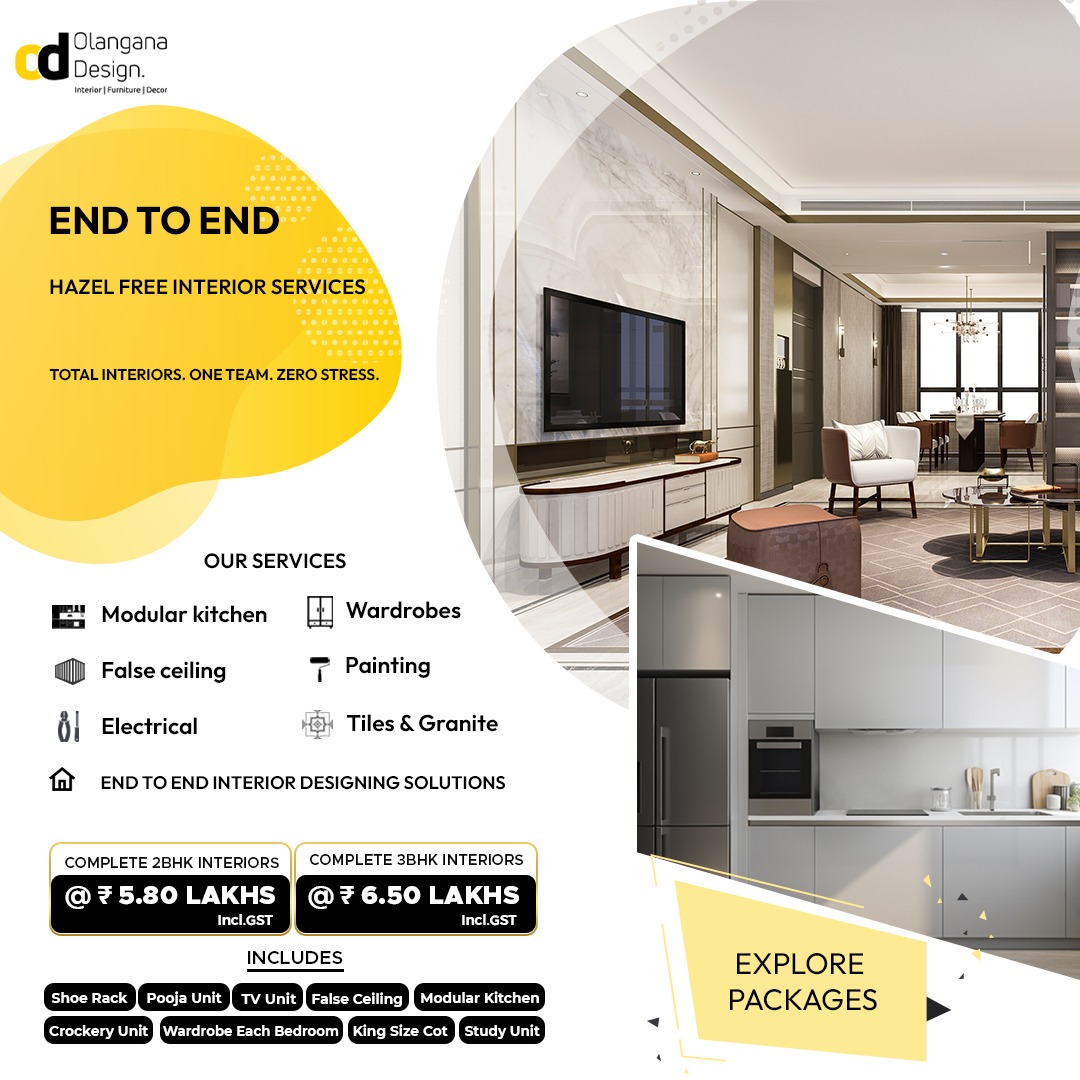 Modern interior design by Olangana Design in Bangalore, featuring a luxurious living room with TV unit and a sleek modular kitchen, showcasing complete home interior solutions.