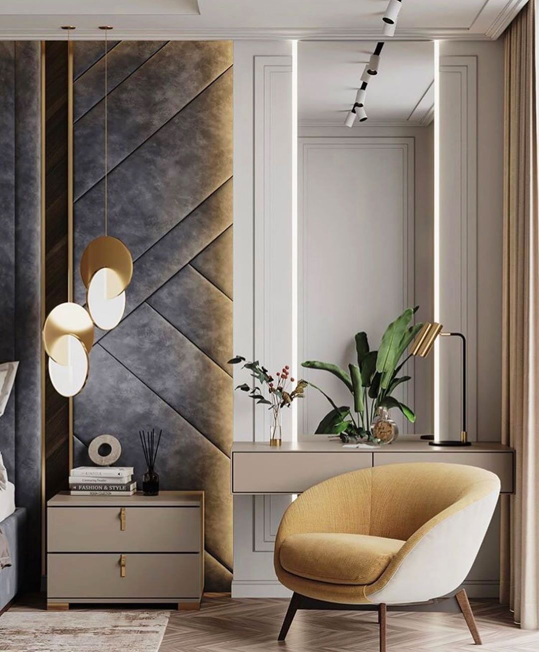 Luxurious modern bedroom interior designed by Olangana Design in Bangalore, featuring a padded grey wall, gold pendant lights, mustard accent chair, and chic bedside table.
