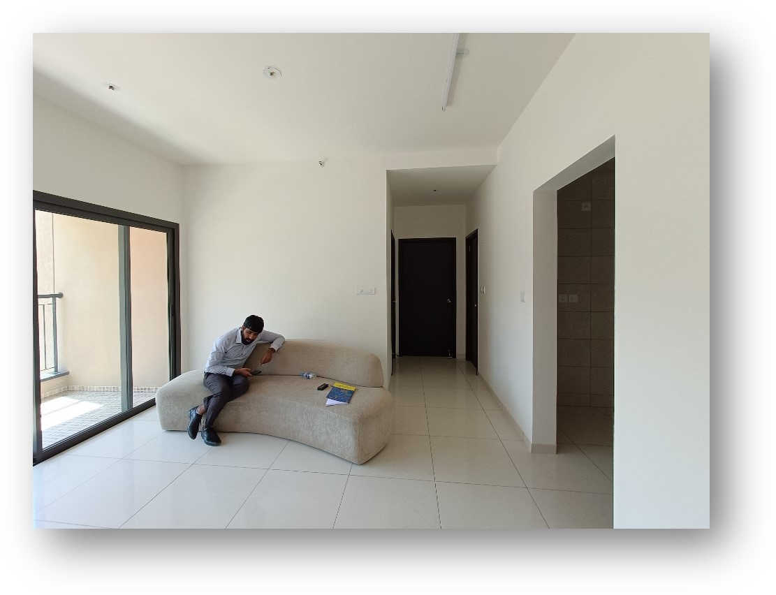 Modern bare shell apartment living area in Bangalore during site measurement by Olangana Design, ready for stunning interior transformation.