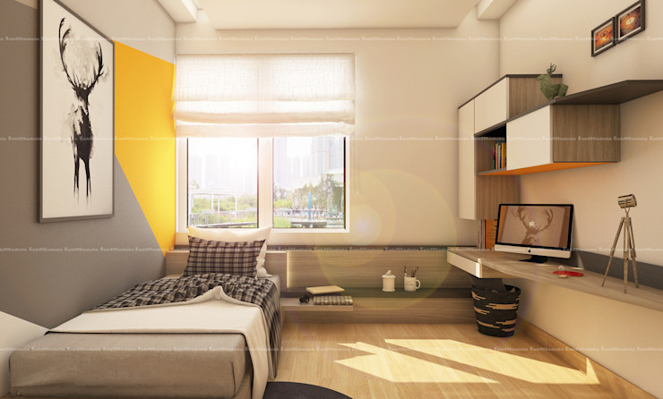 Modern bedroom interior design by Olangana in Bangalore, featuring a single bed, floating desk, wall-mounted shelving, and a striking yellow accent wall with deer artwork.