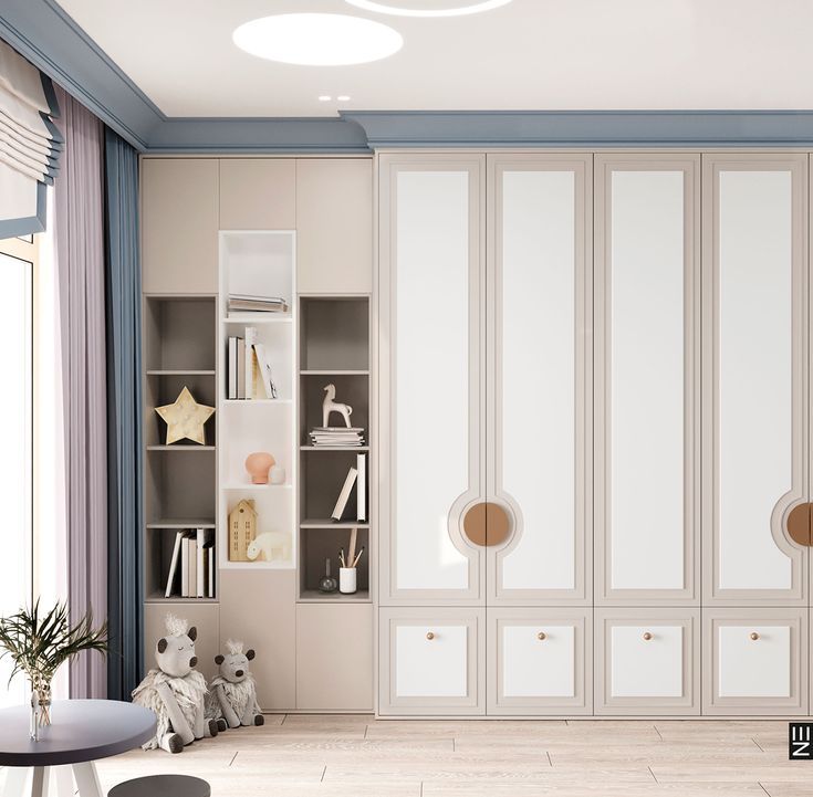 Elegant children's bedroom interior design by Olangana Design in Bangalore, featuring custom built-in wardrobes, open shelving with decor, and a soft color palette.