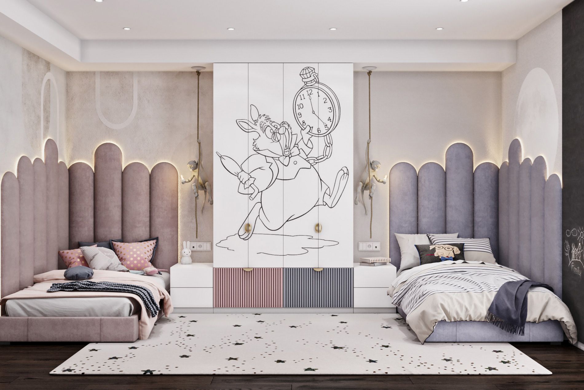 Whimsical children's bedroom interior by Olangana Design in Bangalore, featuring twin beds with plush headboards, a custom White Rabbit wardrobe, and playful monkey sconces, a perfect example of creative kids' room interior.