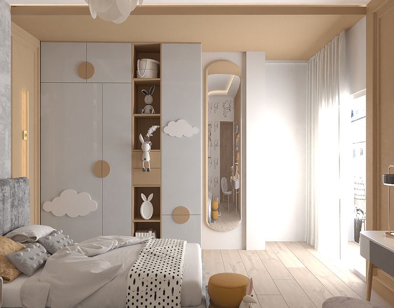 Elegant children's bedroom interior design by Olangana in Bangalore, featuring custom light grey wardrobes with wooden accents, integrated open shelving, and playful cloud decor.