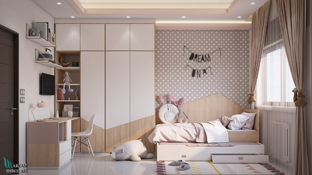 Modern children's bedroom interior design by Olangana in Bangalore, featuring custom two-tone wardrobes, a pull-out bed, integrated desk, and soft pastel decor.