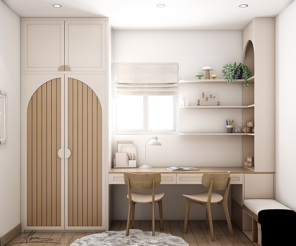 Modern children's bedroom interior design by Olangana in Bangalore, featuring a custom arched wardrobe, a double study desk, and integrated shelving in a serene, neutral palette.