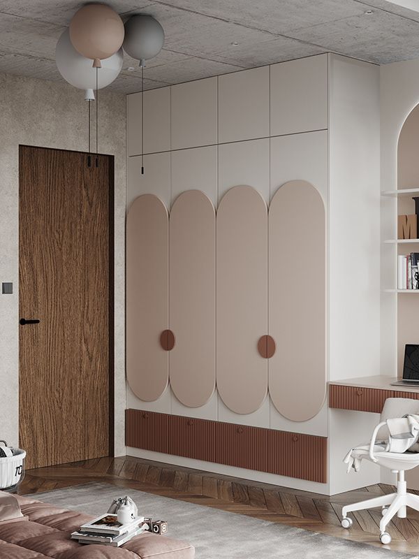 Elegant children's bedroom interior design by Olangana in Bangalore, featuring custom built-in wardrobes with arched panels, playful balloon pendant lights, and an integrated study desk.