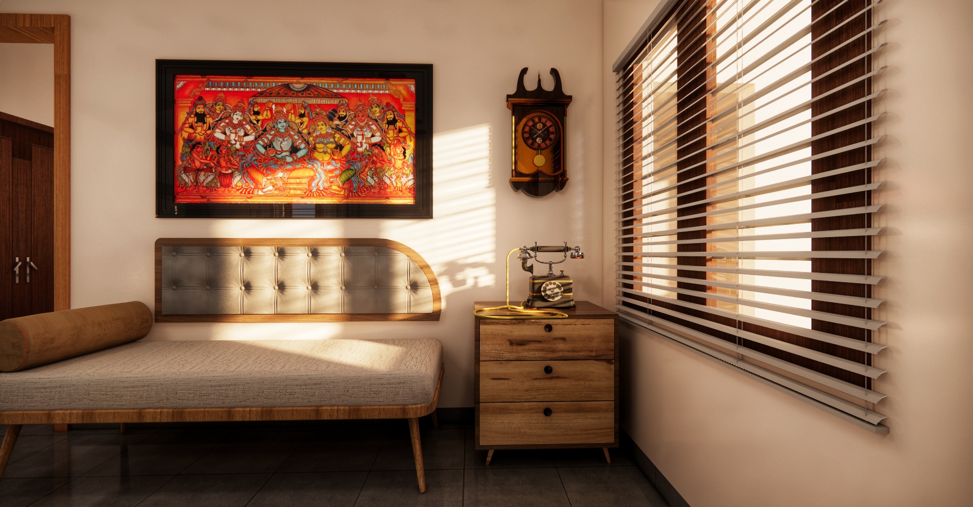 Elegant living room interior design by Olangana in Bangalore, featuring a stylish daybed with tufted backrest, vibrant traditional Indian art, and an antique telephone on a wooden side table, bathed in warm natural light.