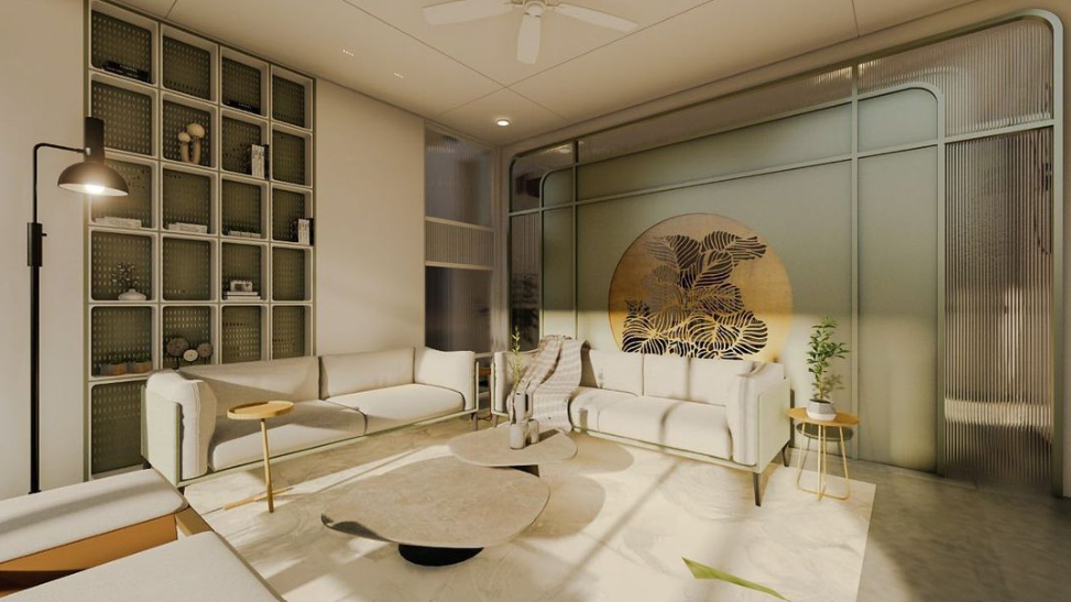 Modern living room interior design by Olangana in Bangalore, featuring cream sofas, a modular display unit, elegant gold leaf wall art, and fluted glass partitions in a serene green and cream palette.
