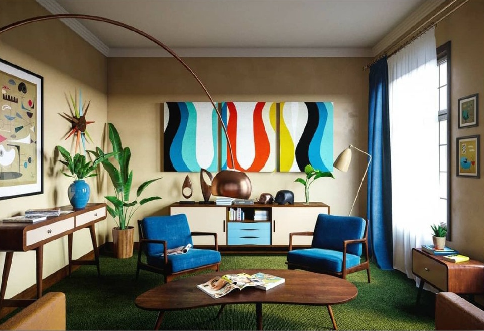 Vibrant mid-century modern living room interior design by Olangana in Bangalore, featuring blue armchairs, a green carpet, a large abstract art piece, and a distinctive arc floor lamp.