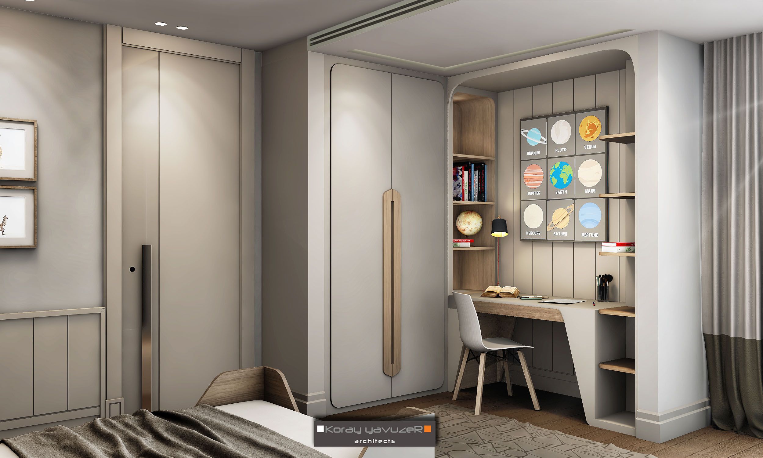 Elegant children's study and bedroom featuring modern built-in storage, a sleek desk with integrated shelving, and playful planet-themed wall art, showcasing premier Interior Design by Olangana in Bangalore.