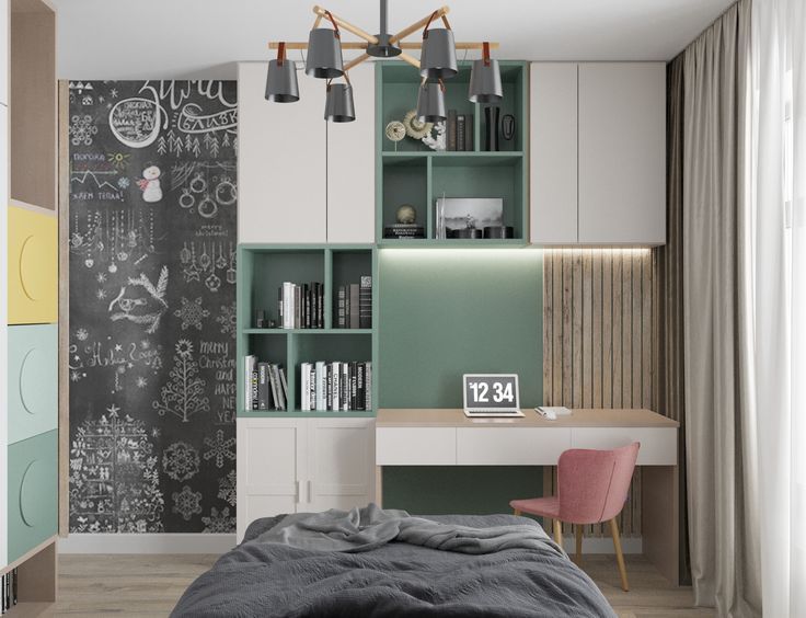 A modern and functional youth bedroom featuring sage green shelving, a dark chalkboard wall with whimsical drawings, and a light wood study desk with a pink chair. This inviting space showcases expert Interior Design by Olangana in Bangalore, emphasizing both style and practicality.