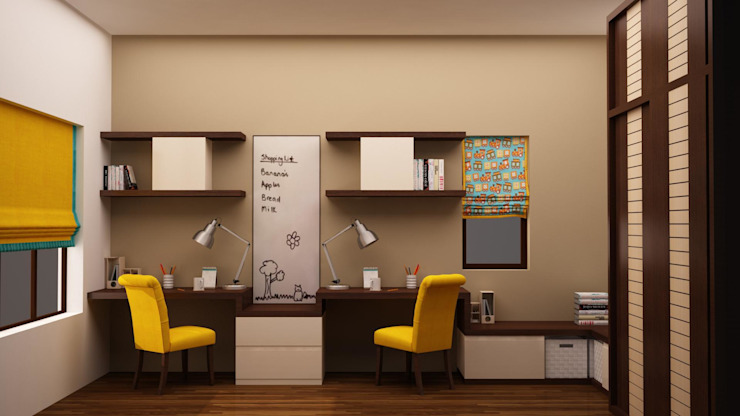 A modern and inviting dual study room interior design by Olangana in Bangalore, featuring two dark wood desks, vibrant yellow upholstered chairs, and efficient overhead shelving. Task lighting from silver desk lamps illuminates the workspace, complemented by playful yellow and patterned Roman blinds, creating a focused yet cheerful ambiance.