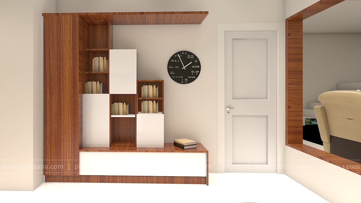 Elegant wooden and white modular bookshelf and storage unit, showcasing contemporary Interior Design by Olangana in a Bangalore residence. Features include organized book displays and a unique mathematical wall clock, enhancing the modern aesthetic.