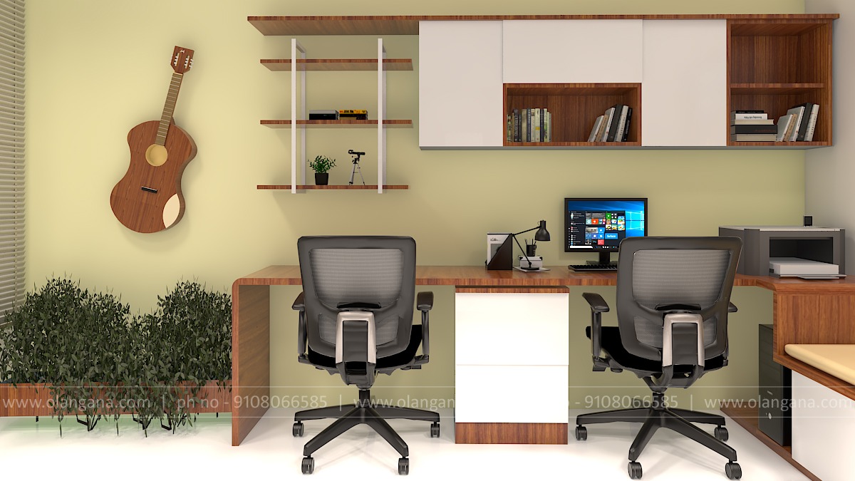 A contemporary dual home office interior design by Olangana in Bangalore, featuring a large wooden desk, ergonomic black chairs, integrated white and wood storage cabinets, wall-mounted shelving, and a refreshing built-in green planter. A decorative wooden guitar adds a unique touch to the sophisticated Interior Design.