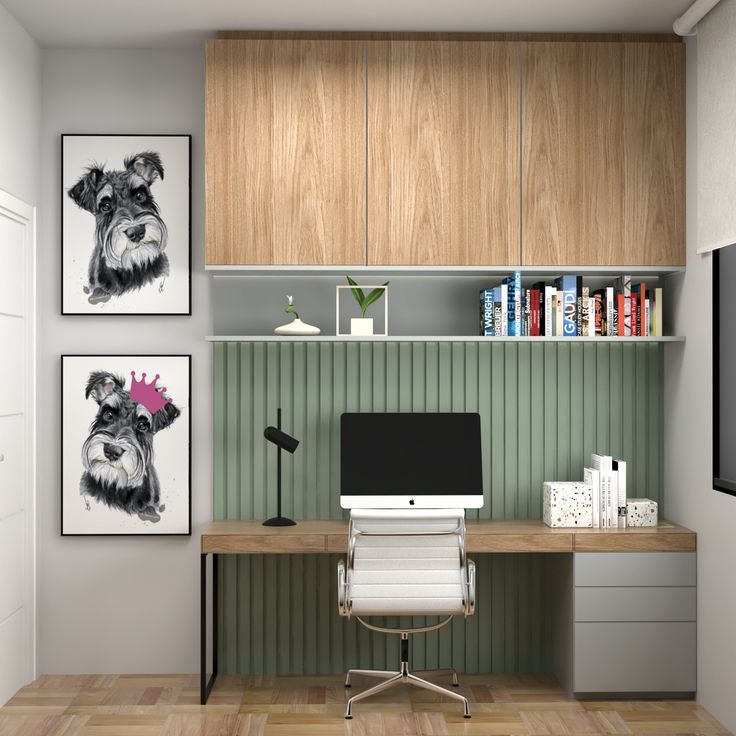 A chic modern home office interior design by Olangana in Bangalore, featuring a light wood desk, a distinctive fluted sage green accent wall, and playful dog portraits. This inviting space seamlessly blends functionality with personalized style, showcasing Olangana's expertise in elegant Interior Design.