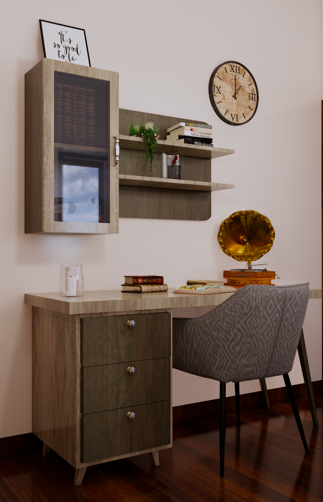 An elegantly designed home office by Olangana featuring a wooden desk with dark drawers, an upholstered chair, and wall-mounted shelves, exemplifying refined Interior Design in Bangalore.
