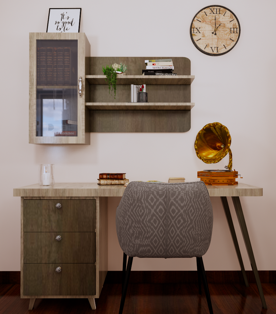 An elegant home office and study nook by Olangana, featuring a light wooden desk with drawers, a patterned grey chair, and stylish wall-mounted shelves. A vintage gramophone and a rustic wall clock add character, exemplifying bespoke Interior Design in Bangalore.