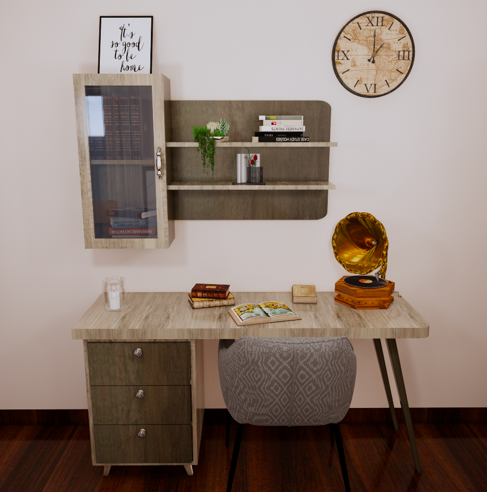 Elegant study room with light wood desk, modern shelving, and vintage decor, showcasing expert Interior Design by Olangana in Bangalore.
