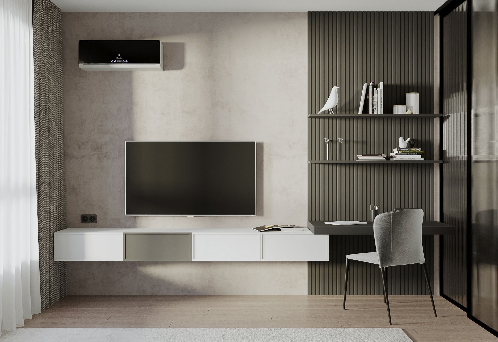 A modern minimalist living room and integrated workspace designed by Olangana Design in Bangalore, featuring a wall-mounted TV, sleek floating media console in white and grey, and a dark grey slatted accent wall with integrated shelves and a contemporary chair. This Interior Design project highlights sophisticated neutral tones.