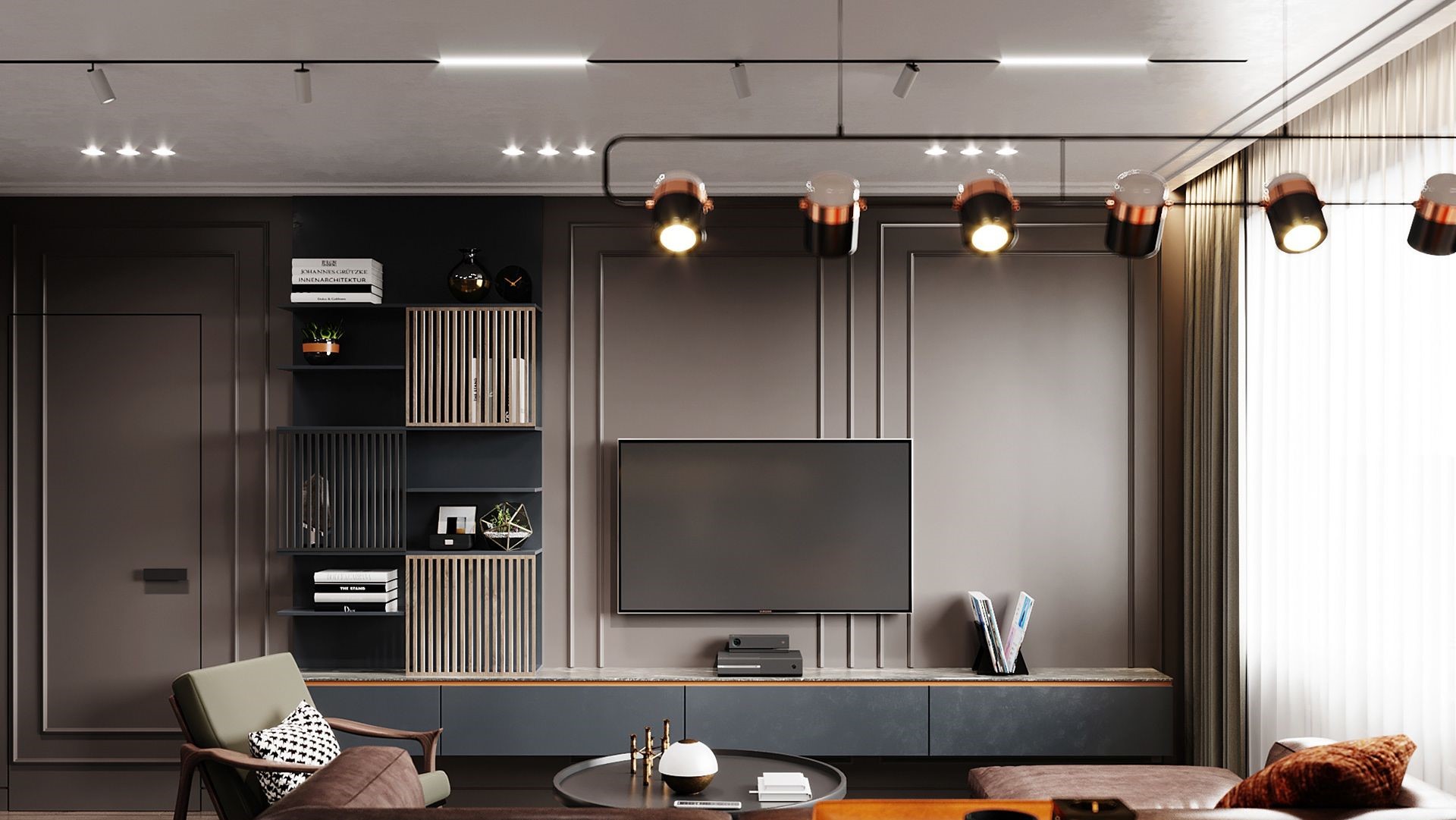 A sophisticated contemporary living room showcasing Olangana Interior Design in Bangalore, featuring dark grey walls with elegant paneling, bespoke modular shelving with wooden accents, a sleek media console, and modern track lighting, creating an inviting ambiance.