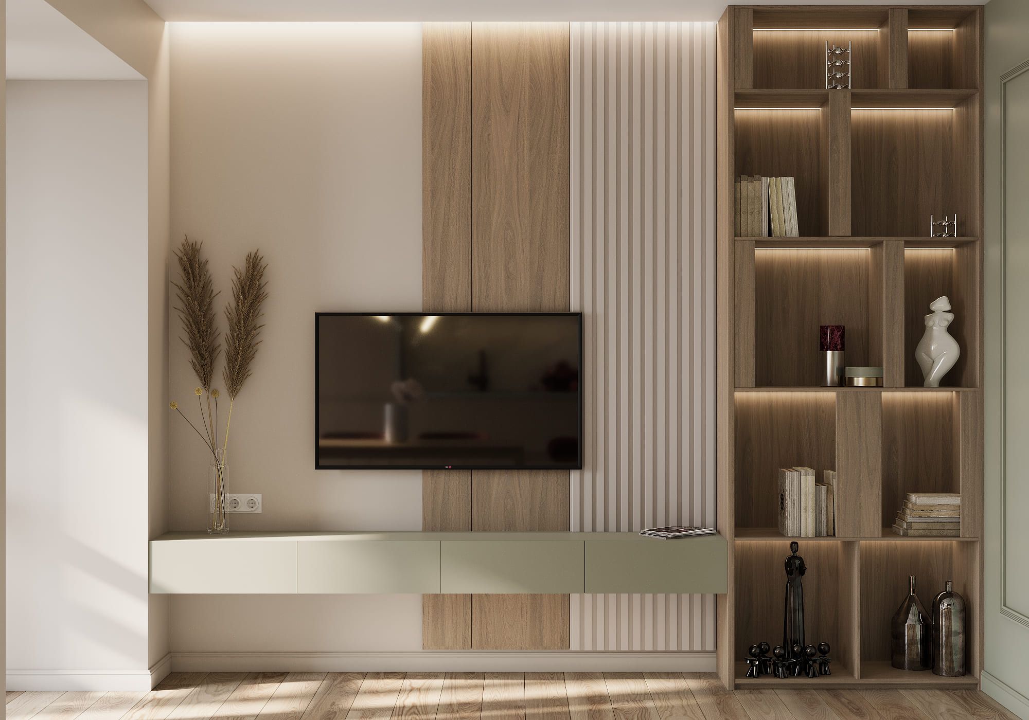 Elegant modern TV wall unit and custom illuminated shelving by Olangana Interior Design, featuring warm wood tones, beige walls, and a sage green floating console in a Bangalore residence. This contemporary living space showcases meticulous interior design.