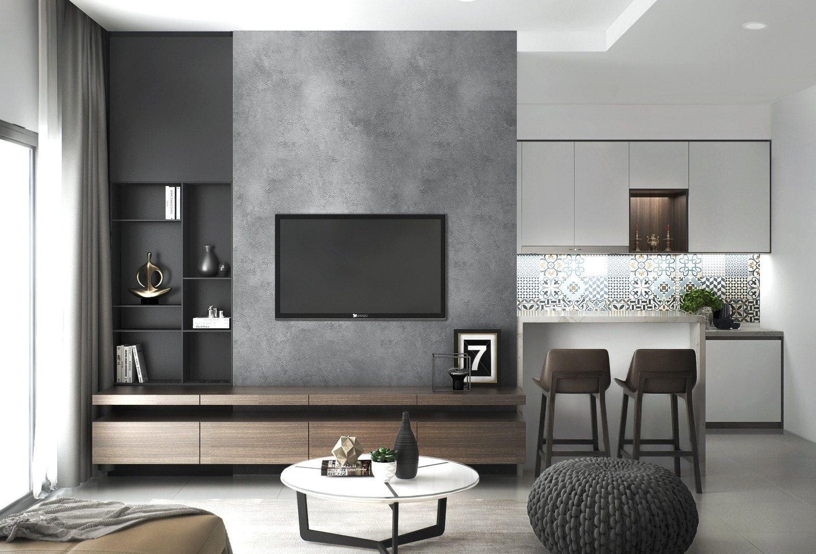 Sophisticated open-plan living and kitchen area by Olangana, showcasing modern Interior Design with a textured grey concrete TV wall, sleek wooden console, and a vibrant patterned backsplash, perfect for contemporary homes in Bangalore.