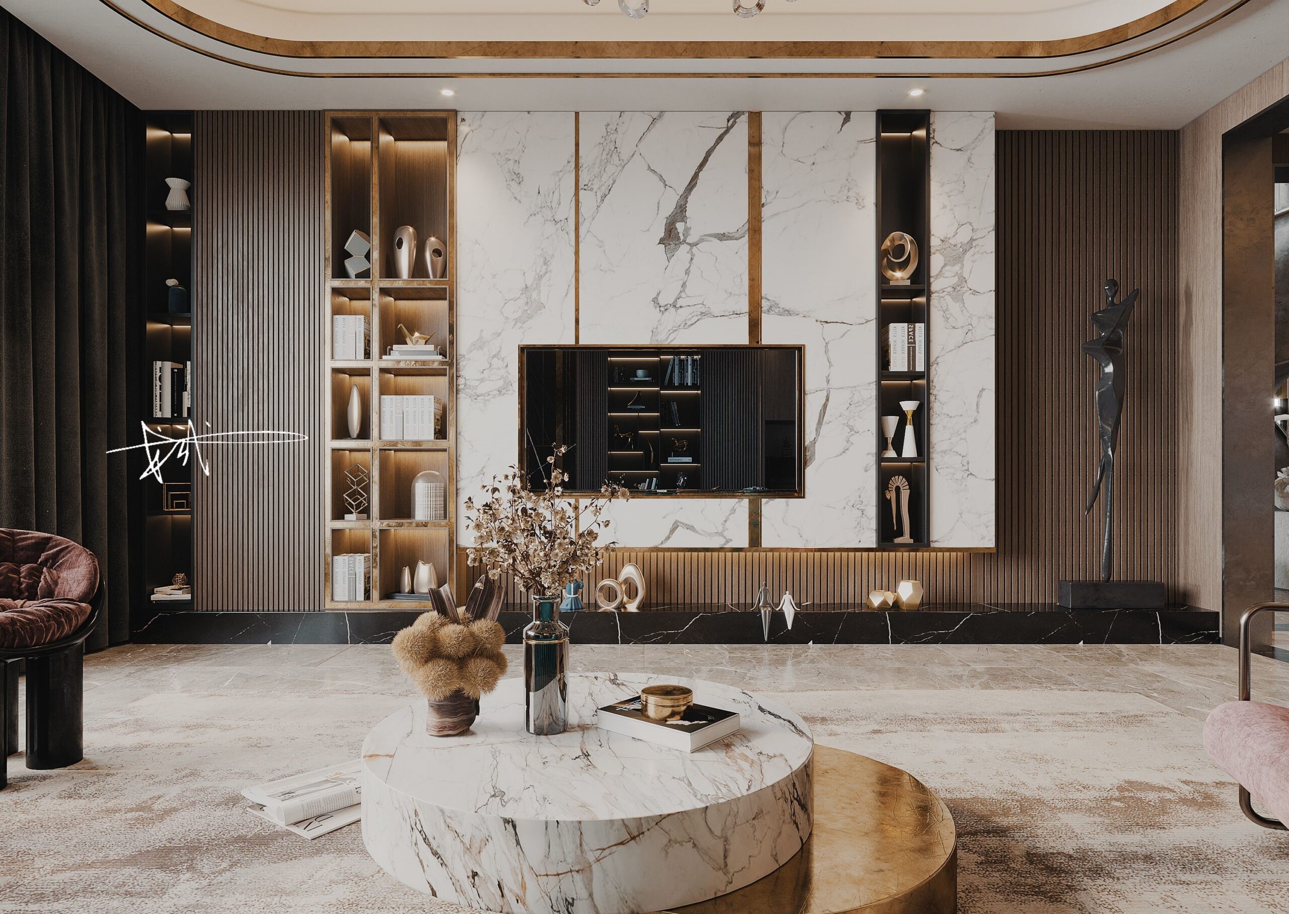 An elegant living room Interior Design by Olangana in Bangalore, showcasing a modern luxury aesthetic with a striking marble feature wall, integrated gold-framed shelving, and sleek dark wood paneling. A round marble and gold coffee table anchors the space, reflecting Olangana's premier design standards.