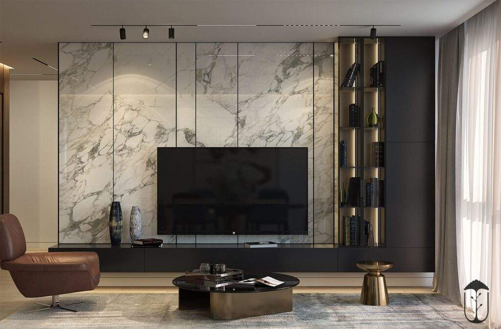 Minimalist TV unit with white marble wall, floating cabinet, and warm lighting