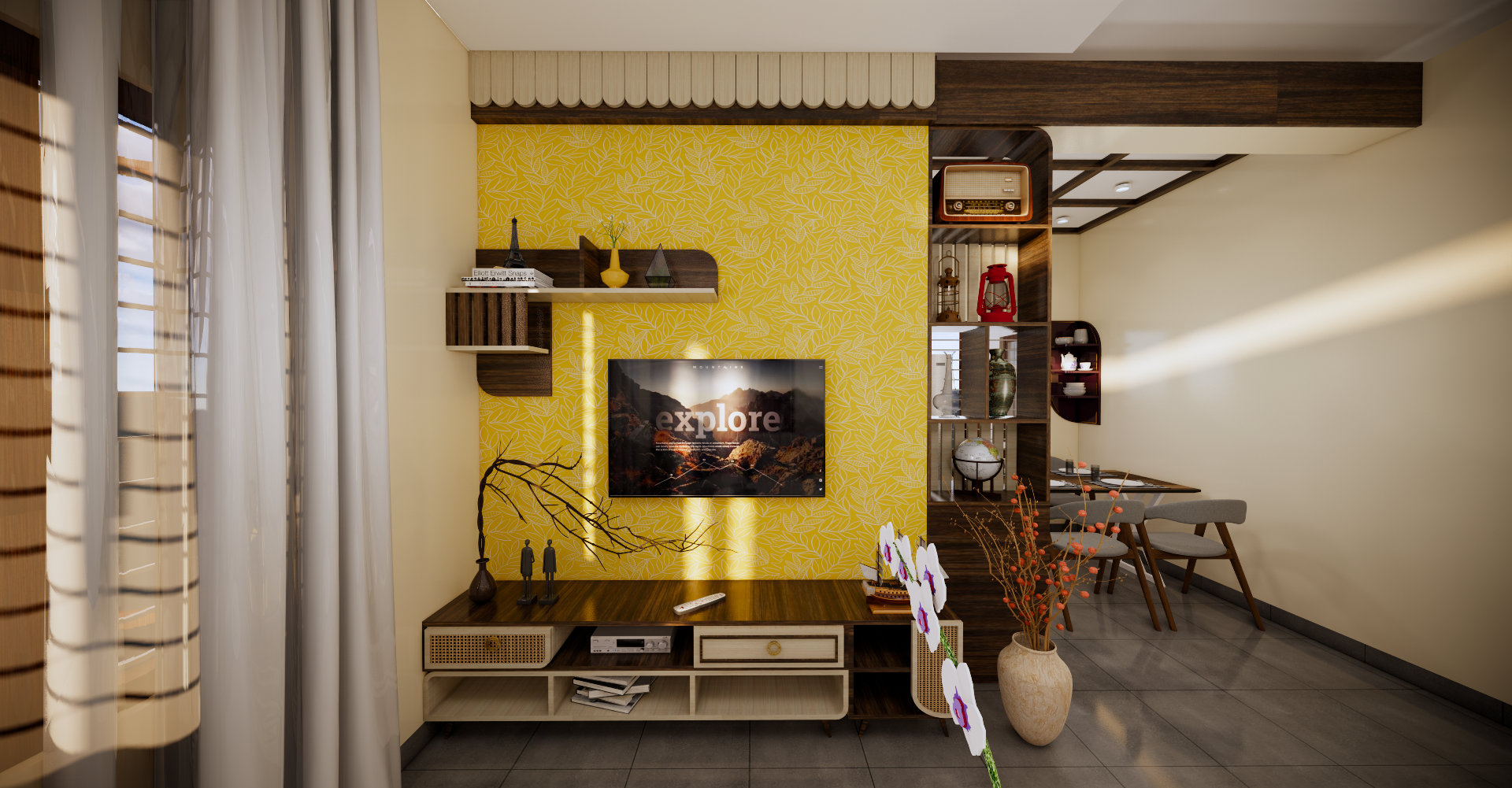 A modern living and dining area designed by Olangana in Bangalore, featuring a vibrant yellow patterned accent wall, sleek dark wood TV unit with rattan details, and integrated shelving. The Interior Design incorporates a wall-mounted television, retro decor elements like a vintage radio and lantern, complemented by sheer white curtains and subtle lighting.