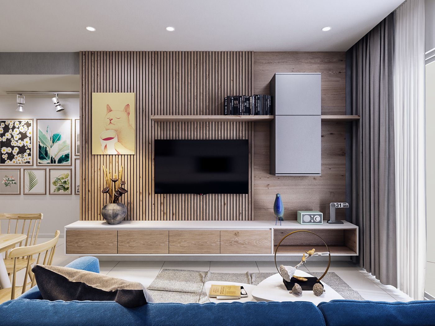 Elegant living room Interior Design by Olangana in Bangalore, showcasing a modern wooden slatted TV unit, a minimalist floating console, and a vibrant blue sofa, adorned with curated artwork and sophisticated decor.