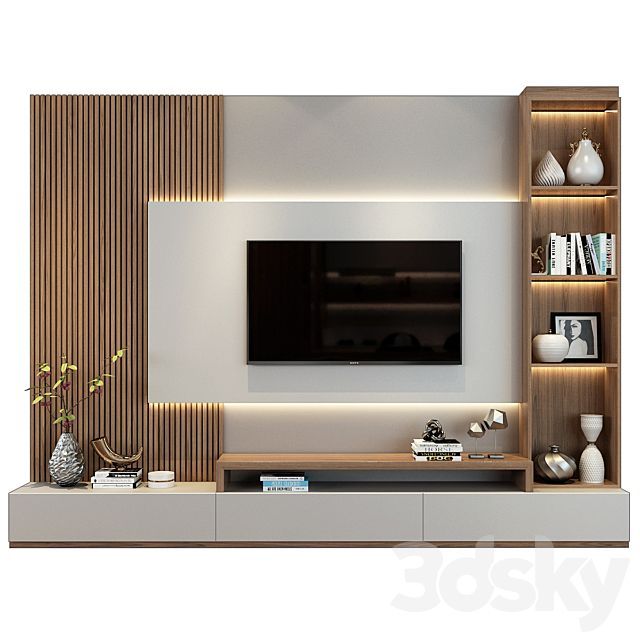Modern TV unit featuring elegant wooden slat panelling, integrated LED lighting, and sleek display shelves. This contemporary Interior Design by Olangana perfectly blends functionality and style for homes in Bangalore.