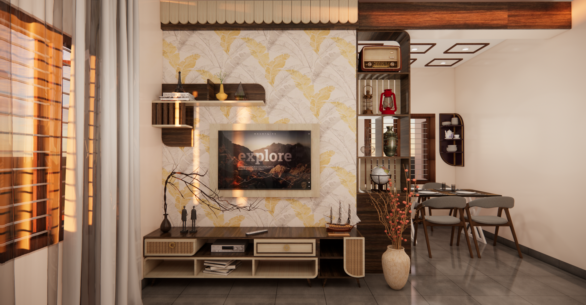 Elegant living room Interior Design by Olangana Design in Bangalore, featuring a modern TV unit with warm wood and rattan accents, a stylish leaf pattern wallpaper, and artistic decorative shelves, flowing into a chic dining space with contemporary chairs, bathed in warm natural light.