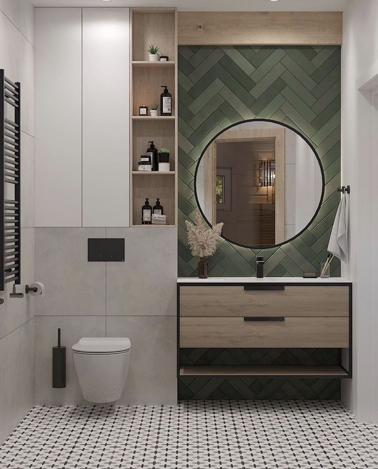 A luxurious modern bathroom interior design by Olangana in Bangalore, featuring a dark grey double vanity with a white countertop, striking wooden accent wall, minimalist rectangular mirror, and elegant pendant lighting for a sophisticated ambiance.