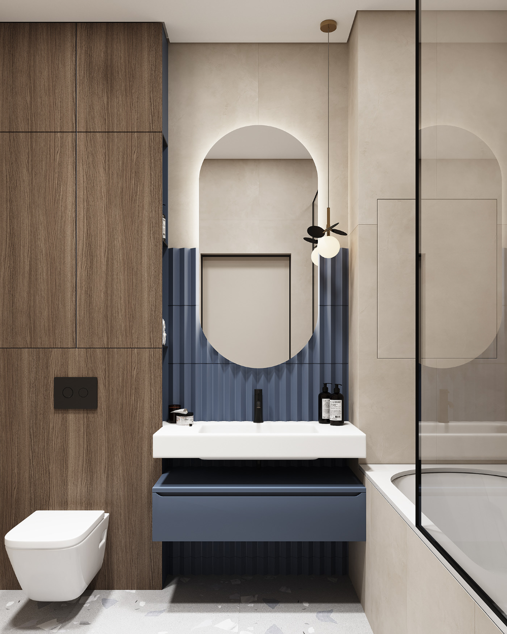 A sophisticated modern bathroom interior design by Olangana in Bangalore, featuring a deep blue floating vanity, a backlit arched mirror, warm wood paneling, and elegant modern pendant lighting, creating a serene and functional space.