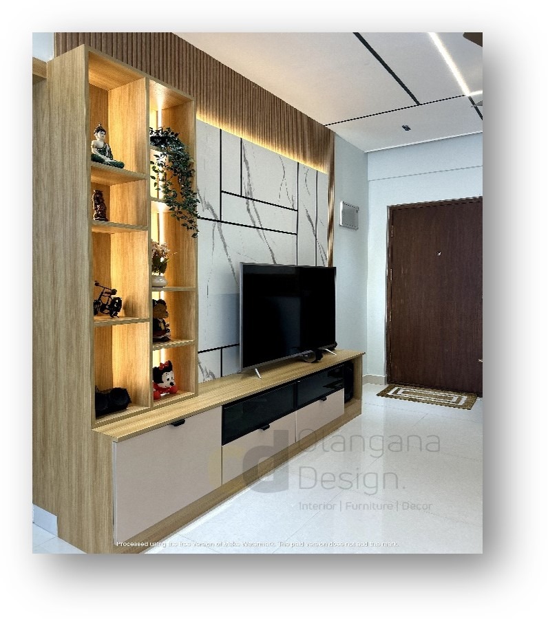 Modern TV unit interior design for Bangalore homes by Olangana Design, featuring a sleek wall-mounted panel and storage cabinets