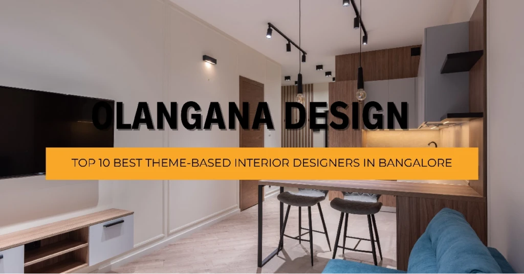 Modern open-plan living room and kitchen interior design by Olangana Design in Bangalore, featuring sleek wooden cabinetry, a breakfast bar, and stylish track lighting, reflecting a top-tier residential interior.