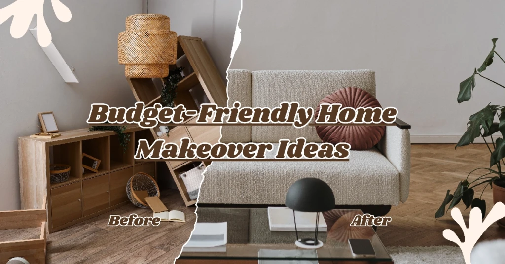 Before and after image showcasing a budget-friendly living room Interior Design makeover by Olangana in Bangalore, featuring a transformation from light wood shelving to an elegant space with a minimalist sofa and glass coffee table.