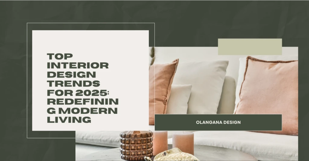 A sophisticated modern living room interior design featuring soft peach and white cushions on a contemporary sofa, elegant candles, and a textured decorative jar on a coffee table, highlighting 2025 design trends by Olangana Design, premier interior designers in Bangalore.