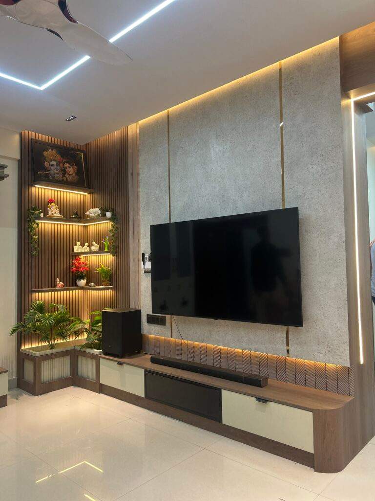 Stylish TV unit interior in a Bangalore living space designed by Olangana Design’s.