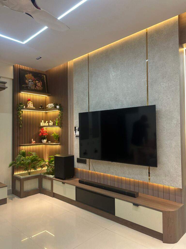 Contemporary TV cabinet area in a Bangalore home interior by Olangana Design’s.