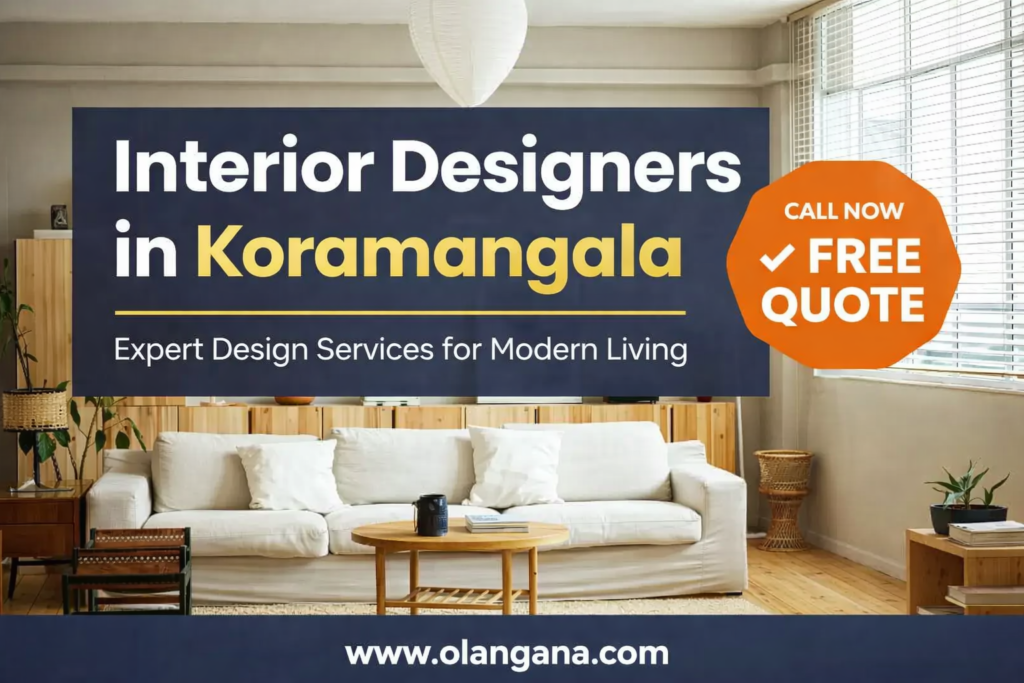 Interior Designers in Koramangala modern living room design with stylish sofa wooden furniture and professional interior services by Olangana