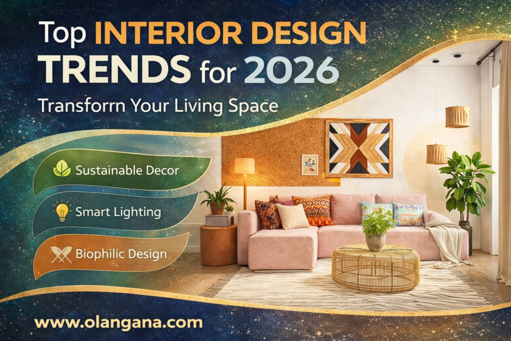 Top interior design trends 2026 modern living room with sustainable decor smart lighting and biophilic design elements